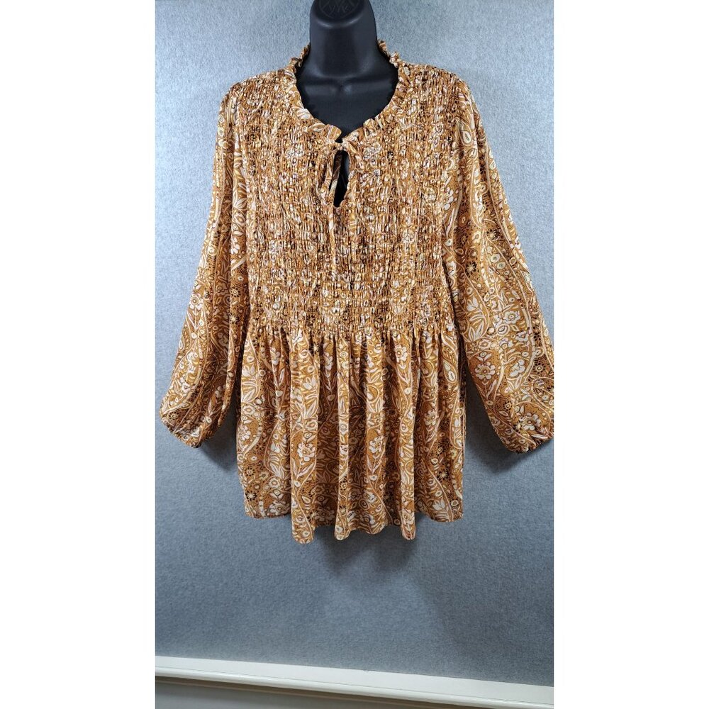 Melloday Blouse Women XL Smocked Paisley Peasant Elastic Sleeves Mustard & Ivory